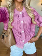 Load image into Gallery viewer, Women's Hollow-Out Knit Cardigan – Open Front, Short Sleeve, Solid Color
