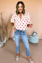 Load image into Gallery viewer, Black Polka Dot Print Smocked Notched Neck Balloon Sleeve Blouse
