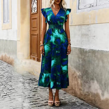 Load image into Gallery viewer, Women's V-Neck Floral Print A-Line Midi Dress – High Waist Sleeveless
