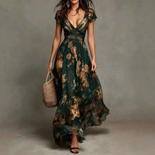 Load image into Gallery viewer, Women's Deep V-Neck Painted Print Chiffon Maxi Dress | Fitted Waist Flowy A-Line Dress

