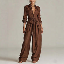 Load image into Gallery viewer, Women's Linen Long Sleeve Shirt &amp; High-Waist Wide-Leg Pants Set with Tie Belt
