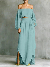 Load image into Gallery viewer, Off-Shoulder Top &amp; Asymmetrical Maxi Skirt Set – Women's 2-Piece Outfit
