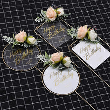 Load image into Gallery viewer, 1Pcs Metal Happy Birthday Cake Topper Artificial flowers Cake Toppers Happy Birthday Cake Topper Metal And Acrylic Cake Decoration With Pink Artificial Flower Cluster For DIY Baby Shower Birthday Party Decoration Baking Decor
