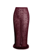 Load image into Gallery viewer, Halia Burgundy Animal Print Burnout Velvet Fur Trim Skirt
