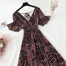 Load image into Gallery viewer, Summer Women Ruffled Short-sleeved Chiffon Dress V-neck High Waist Floral Print Beach Midi Dresses For Women
