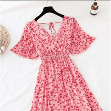 Load image into Gallery viewer, Summer Women Ruffled Short-sleeved Chiffon Dress V-neck High Waist Floral Print Beach Midi Dresses For Women
