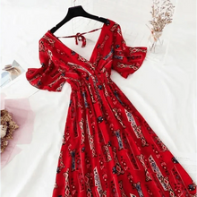 Load image into Gallery viewer, Summer Women Ruffled Short-sleeved Chiffon Dress V-neck High Waist Floral Print Beach Midi Dresses For Women
