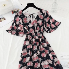 Load image into Gallery viewer, Summer Women Ruffled Short-sleeved Chiffon Dress V-neck High Waist Floral Print Beach Midi Dresses For Women
