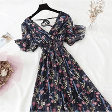 Load image into Gallery viewer, Summer Women Ruffled Short-sleeved Chiffon Dress V-neck High Waist Floral Print Beach Midi Dresses For Women
