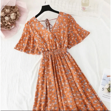 Load image into Gallery viewer, Summer Women Ruffled Short-sleeved Chiffon Dress V-neck High Waist Floral Print Beach Midi Dresses For Women
