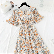 Load image into Gallery viewer, Summer Women Ruffled Short-sleeved Chiffon Dress V-neck High Waist Floral Print Beach Midi Dresses For Women
