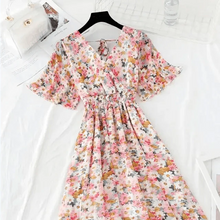 Load image into Gallery viewer, Summer Women Ruffled Short-sleeved Chiffon Dress V-neck High Waist Floral Print Beach Midi Dresses For Women
