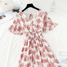 Load image into Gallery viewer, Summer Women Ruffled Short-sleeved Chiffon Dress V-neck High Waist Floral Print Beach Midi Dresses For Women
