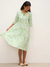 Load image into Gallery viewer, 100% Linen A-Line Ruffled Collar Tie-Neck Midi Dress LIVIA
