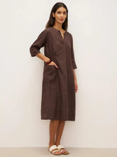 Load image into Gallery viewer, 100% Linen V-neck Bell Pocket Midi Dress EVELINA
