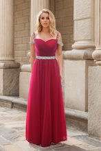 Load image into Gallery viewer, Crystal Beaded Off-shoulder Ruby Red Japanese A-line Soft Tulle Prom Dress

