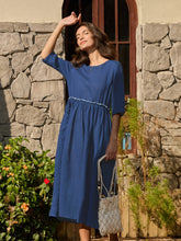 Load image into Gallery viewer, 100% Linen Petal-Waist Drawstring Midi Dress JASMINE
