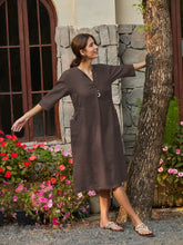 Load image into Gallery viewer, 100% Linen V-neck Bell Pocket Midi Dress EVELINA
