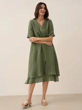 Load image into Gallery viewer, 100% Linen V-Neck Double-Layer Midi Dress JAYDA
