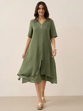Load image into Gallery viewer, 100% Linen V-Neck Double-Layer Midi Dress JAYDA
