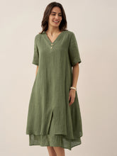 Load image into Gallery viewer, 100% Linen V-Neck Double-Layer Midi Dress JAYDA
