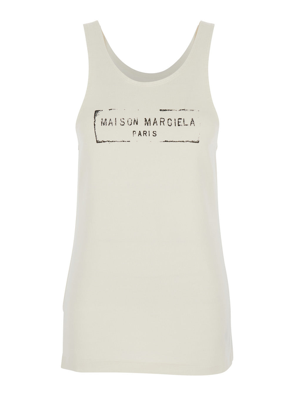 Maison Margiela Women Beige Top With Wide Neckline And Logo Printed On The Front In Viscose And Cotton Blend Woman