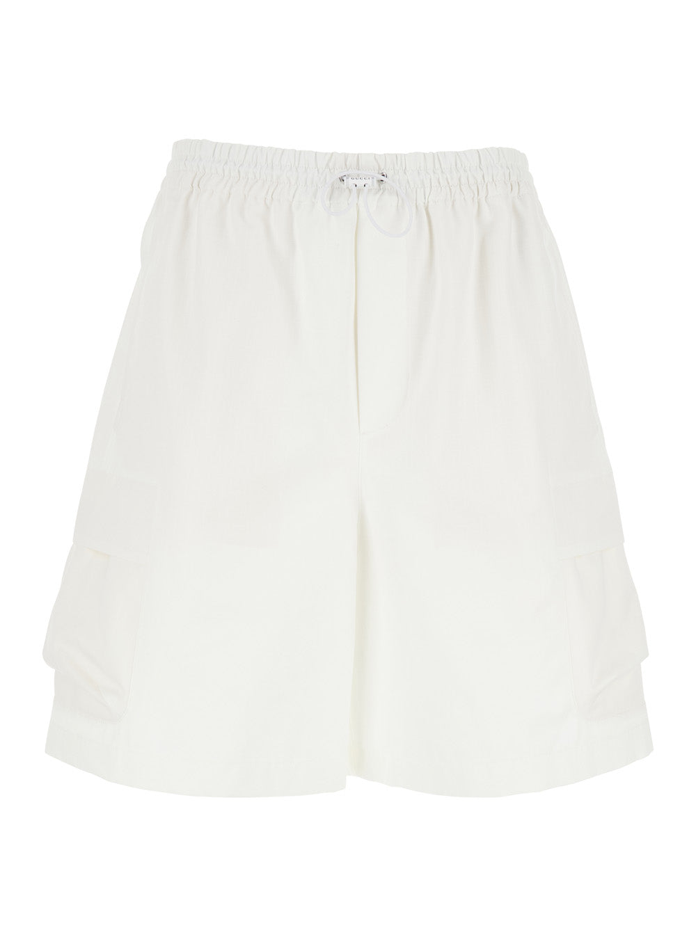 Gucci Men White Bermuda Pants With Elastic Drawstring Waist And Rear Web Print In Cotton Man