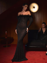 Load image into Gallery viewer, Emberly Black Fur Trimmed Off-Shoulder Rhinestone Mermaid Maxi Dress
