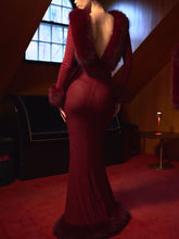 Load image into Gallery viewer, Mellie Burgundy Regular-Length Rhinestone Mesh Low Back Mermaid Gown
