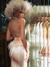 Load image into Gallery viewer, Solene Pleated Halter Backless Feather-Trim Maxi Dress
