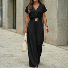 Load image into Gallery viewer, Women's V-Neck Belted Wide-Leg Jumpsuit | Elegant Commuter

