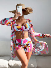 Load image into Gallery viewer, Mesh Cover-Up Three-Piece Swimwear Set – Bikini with Leg-Length Briefs
