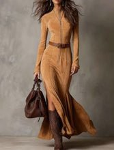 Load image into Gallery viewer, Women's Suede Velvet Zip-Front Fishtail Maxi Dress – Long Sleeve High Waist Mermaid Hem
