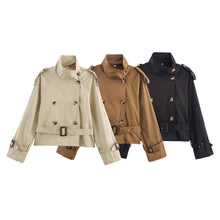 Load image into Gallery viewer, Women's Notch-Collar Short Trench Coat with Belt Buckle Detail
