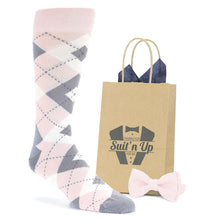 Load image into Gallery viewer, Blush Light Pink Argyle Wedding Groomsmen Men's Dress Socks with Matching Bow Tie
