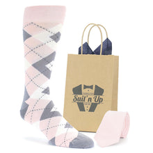 Load image into Gallery viewer, Blush Light Pink Argyle Wedding Groomsmen Men's Dress Socks with Matching Necktie
