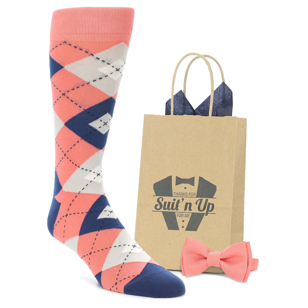 Coral Navy Argyle Wedding Groomsmen Men's Dress Socks with Matching Bow Tie