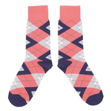 Load image into Gallery viewer, Coral Navy Argyle Wedding Groomsmen Men&#39;s Dress Socks with Matching Bow Tie
