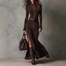 Load image into Gallery viewer, Women's Suede Velvet Zip-Front Fishtail Maxi Dress – Long Sleeve High Waist Mermaid Hem

