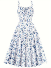 Load image into Gallery viewer, Floral Backless Bow-Tie Strappy Maxi Dress – Black &amp; Blue, S–XXL
