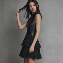 Load image into Gallery viewer, Black PU Leather Spliced Mini Dress – Sleeveless Double-Layer Ruffle Hem
