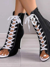 Load image into Gallery viewer, Canvas Lace-Up Peep Toe : Stiletto Ankle Boots
