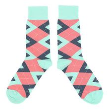Load image into Gallery viewer, Coral Mint Argyle Wedding Groomsmen Men's Dress Socks with Matching Bow Tie
