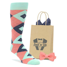 Load image into Gallery viewer, Coral Mint Argyle Wedding Groomsmen Men's Dress Socks with Matching Bow Tie
