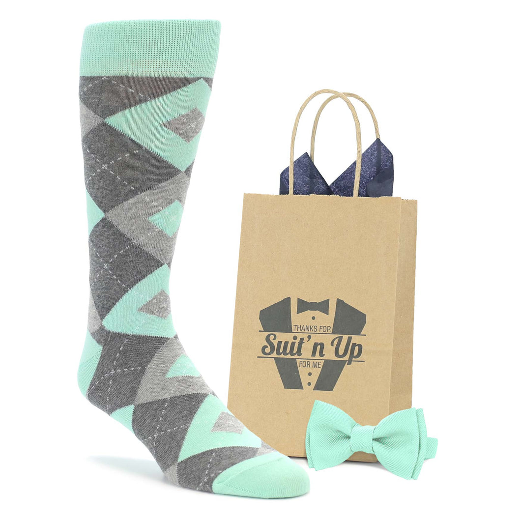 Mint Gray Argyle Wedding Groomsmen Men's Dress Socks with Matching Bow Tie