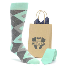 Load image into Gallery viewer, Mint Gray Argyle Wedding Groomsmen Men's Dress Socks with Matching Necktie
