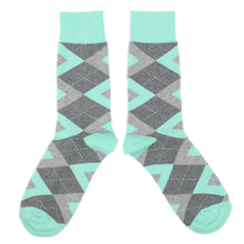 Load image into Gallery viewer, Mint Gray Argyle Wedding Groomsmen Men's Dress Socks with Matching Necktie
