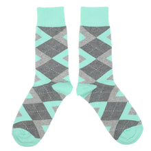 Load image into Gallery viewer, Mint Gray Argyle Wedding Groomsmen Men&#39;s Dress Socks with Matching Bow Tie
