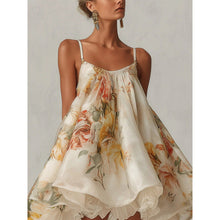 Load image into Gallery viewer, Women's Floral Print Spaghetti Strap Ruffle Neck Layered Lace Hem Mini Dress
