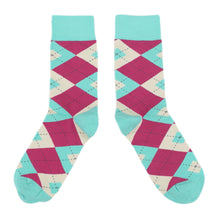 Load image into Gallery viewer, Spa Green Fuchsia Argyle Wedding Groomsmen Men’s Dress Socks
